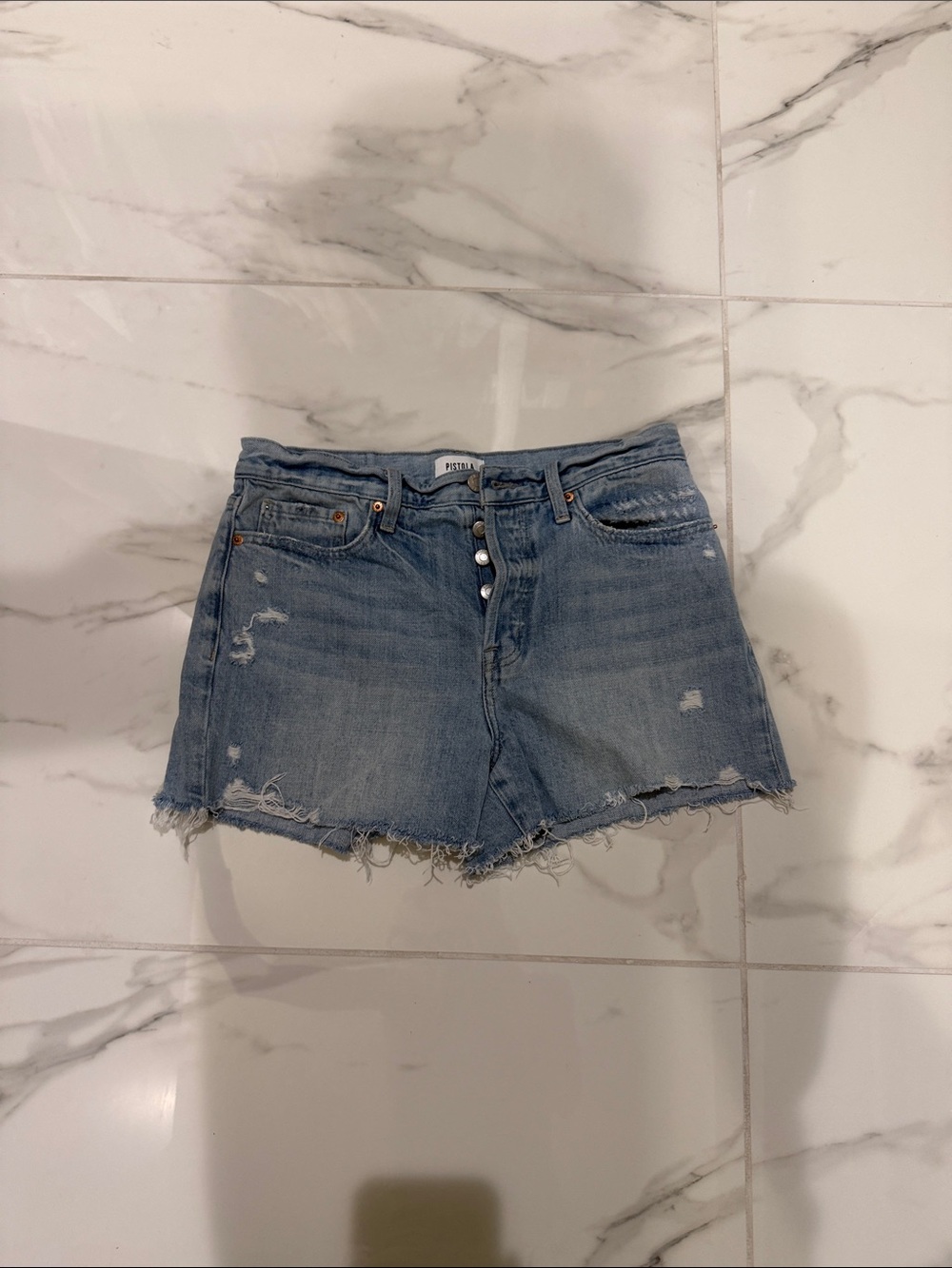 pistola light blue distressed denim shorts
